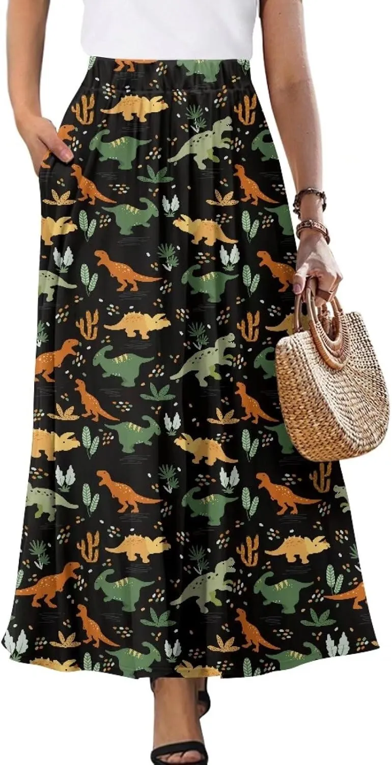 Maxi Long Skirts for Women Trendy Elastic High Waisted Flowy Skirt with Pockets Ladies Soft Midi Skirts for Office