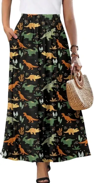 Maxi Long Skirts for Women Trendy Elastic High Waisted Flowy Skirt with Pockets Ladies Soft Midi Skirts for Office