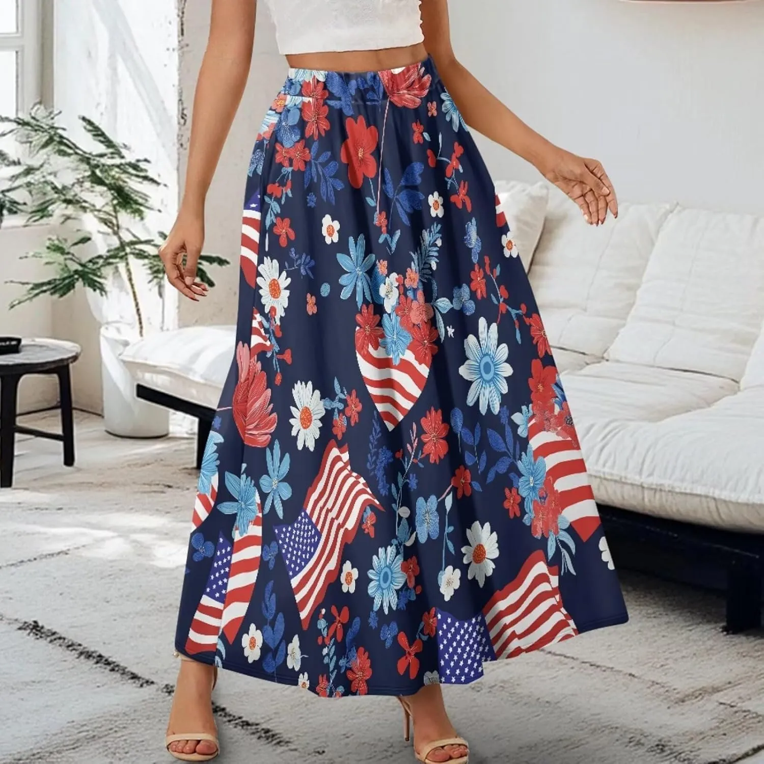 Maxi Long Skirts for Women Trendy Elastic High Waisted Flowy Skirt with Pockets Ladies Soft Midi Skirts for Office