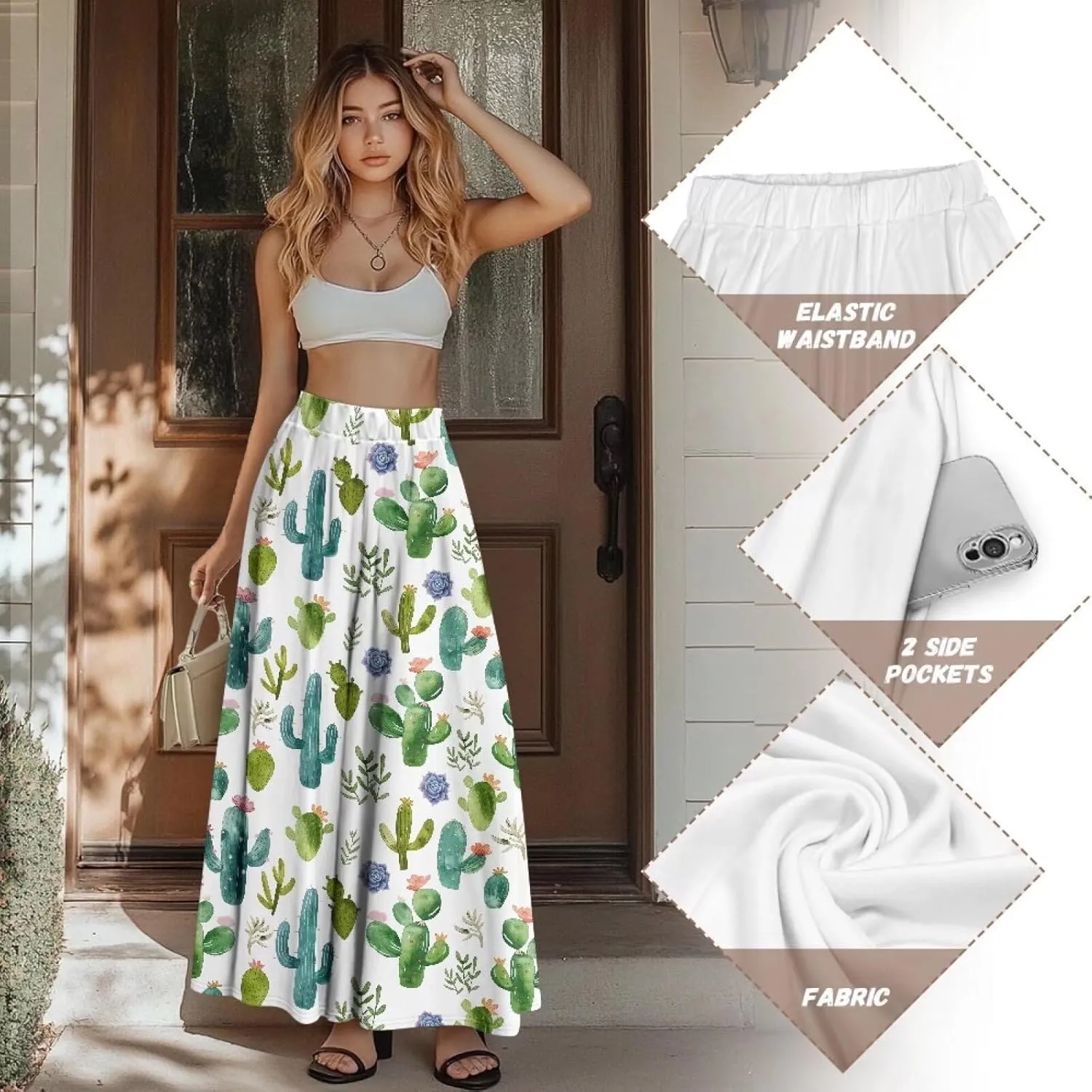 Maxi Long Skirts for Women Trendy Elastic High Waisted Flowy Skirt with Pockets Ladies Soft Midi Skirts for Office