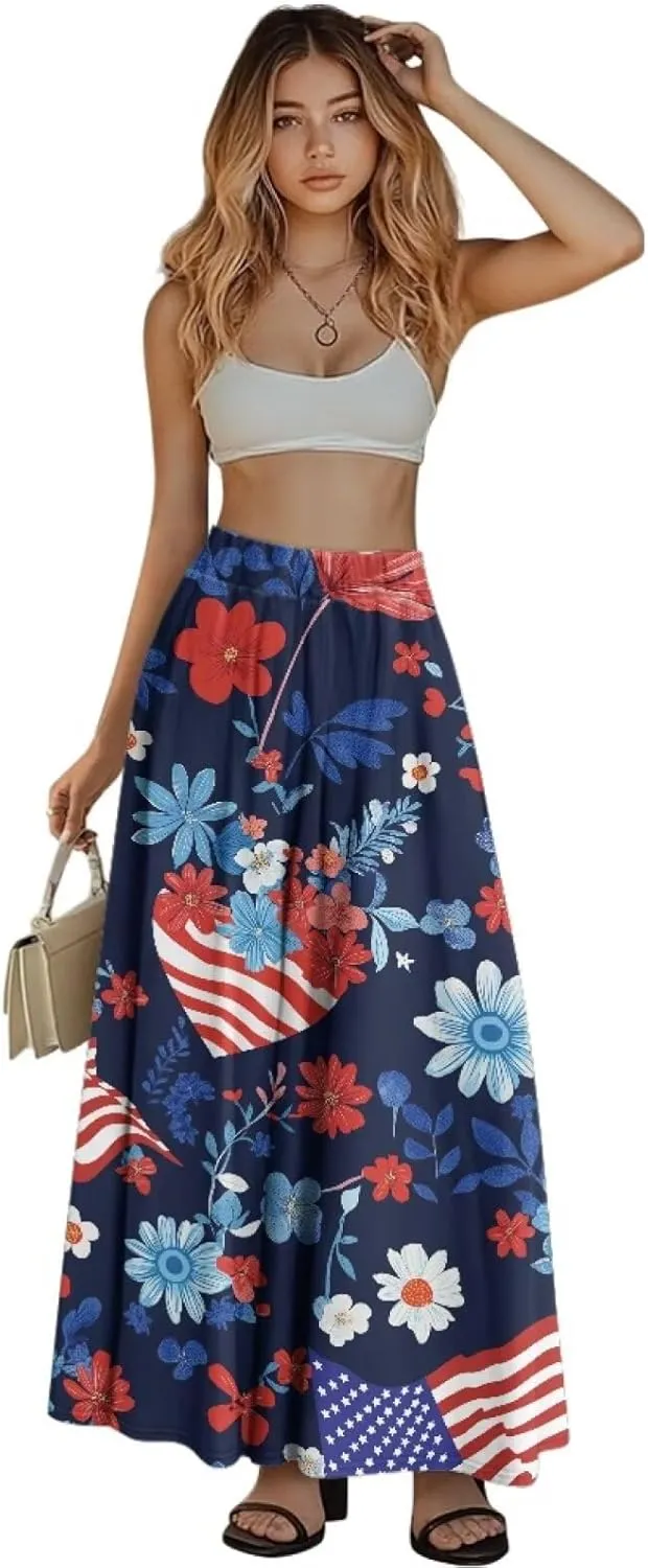 Maxi Long Skirts for Women Trendy Elastic High Waisted Flowy Skirt with Pockets Ladies Soft Midi Skirts for Office