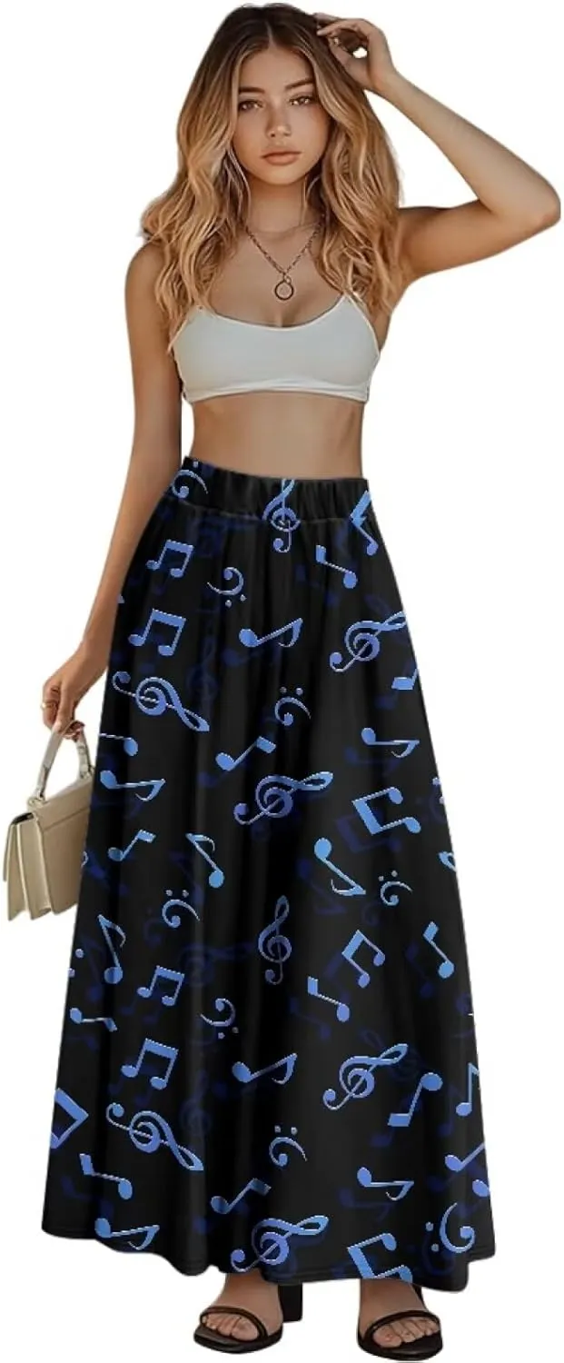 Maxi Long Skirts for Women Trendy Elastic High Waisted Flowy Skirt with Pockets Ladies Soft Midi Skirts for Office