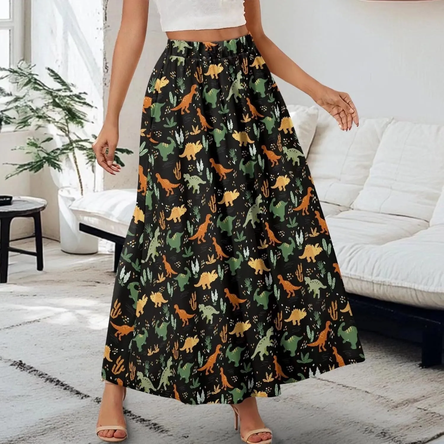 Maxi Long Skirts for Women Trendy Elastic High Waisted Flowy Skirt with Pockets Ladies Soft Midi Skirts for Office