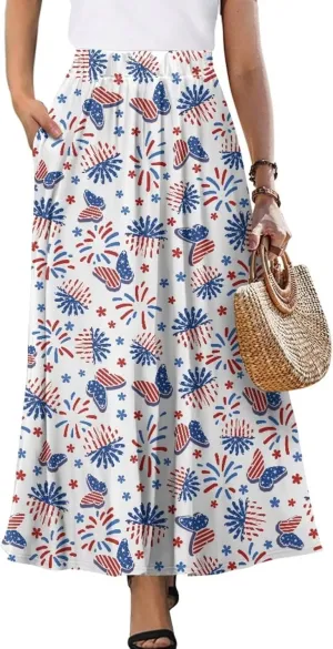 Maxi Long Skirts for Women Trendy Elastic High Waisted Flowy Skirt with Pockets Ladies Soft Midi Skirts for Office