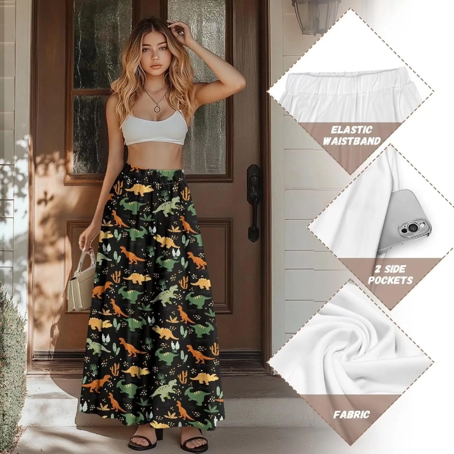 Maxi Long Skirts for Women Trendy Elastic High Waisted Flowy Skirt with Pockets Ladies Soft Midi Skirts for Office