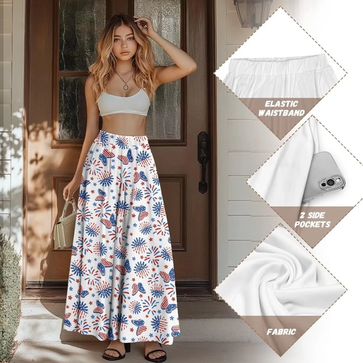 Maxi Long Skirts for Women Trendy Elastic High Waisted Flowy Skirt with Pockets Ladies Soft Midi Skirts for Office