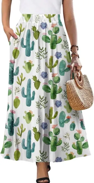 Maxi Long Skirts for Women Trendy Elastic High Waisted Flowy Skirt with Pockets Ladies Soft Midi Skirts for Office
