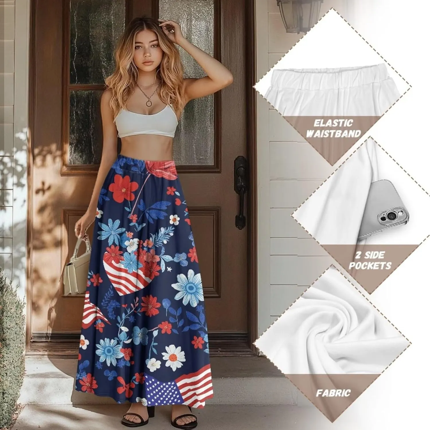 Maxi Long Skirts for Women Trendy Elastic High Waisted Flowy Skirt with Pockets Ladies Soft Midi Skirts for Office