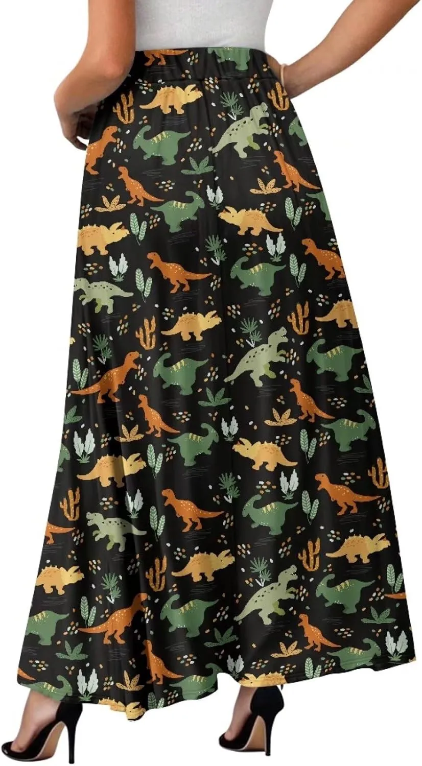 Maxi Long Skirts for Women Trendy Elastic High Waisted Flowy Skirt with Pockets Ladies Soft Midi Skirts for Office