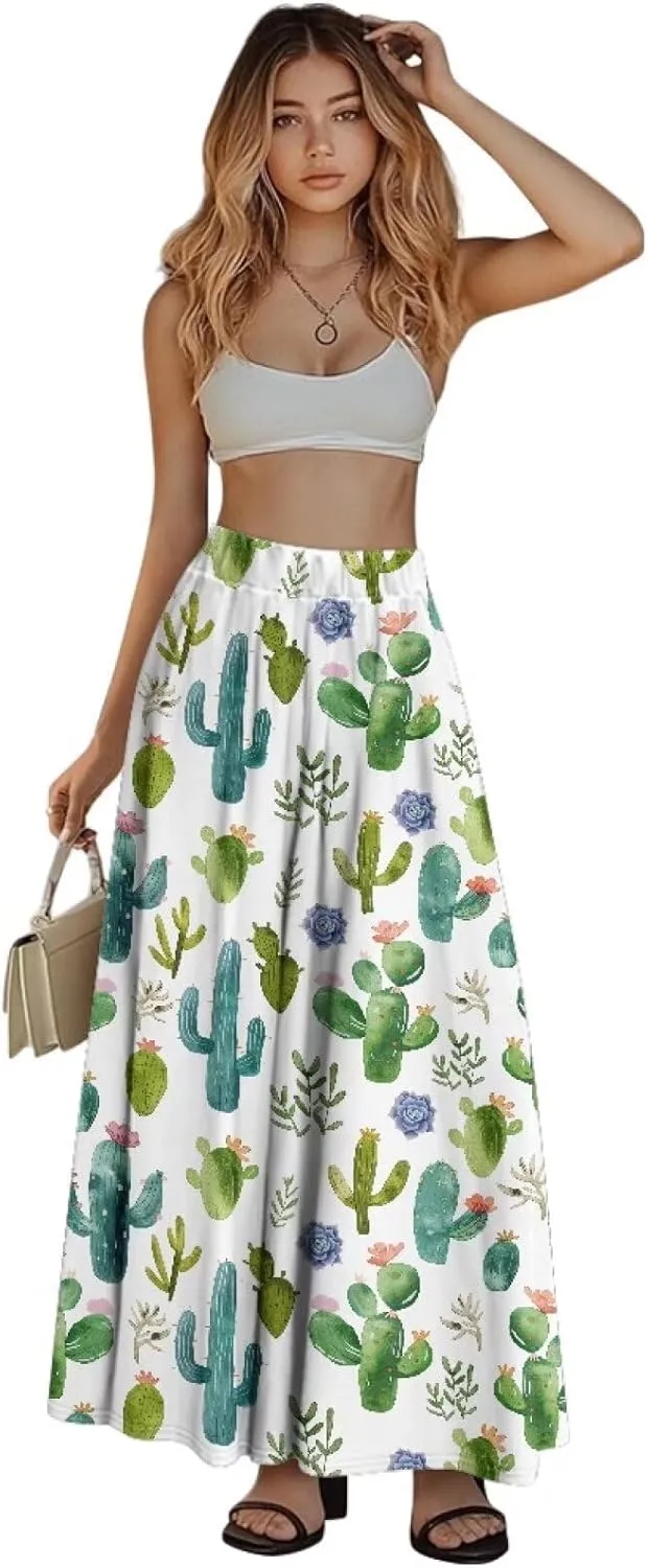 Maxi Long Skirts for Women Trendy Elastic High Waisted Flowy Skirt with Pockets Ladies Soft Midi Skirts for Office