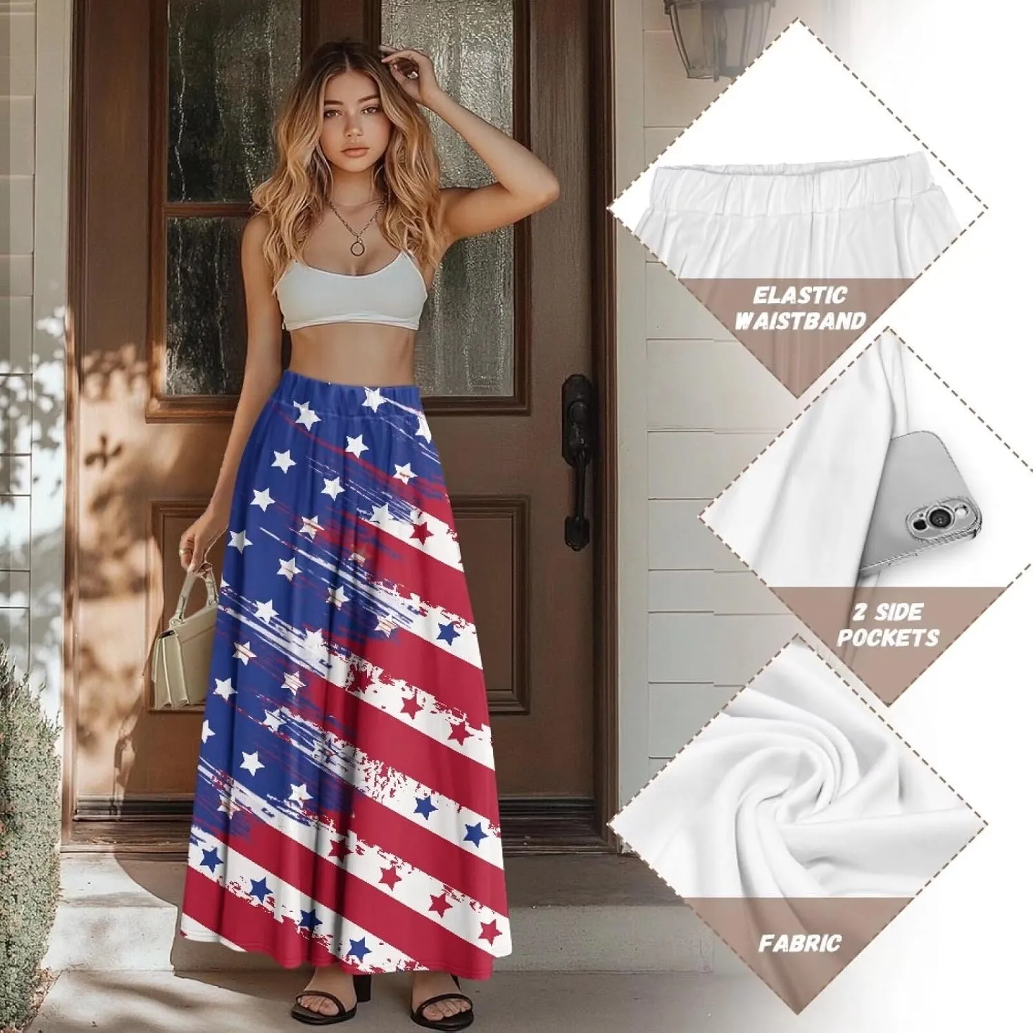 Maxi Long Skirts for Women Trendy Elastic High Waisted Flowy Skirt with Pockets Ladies Soft Midi Skirts for Office
