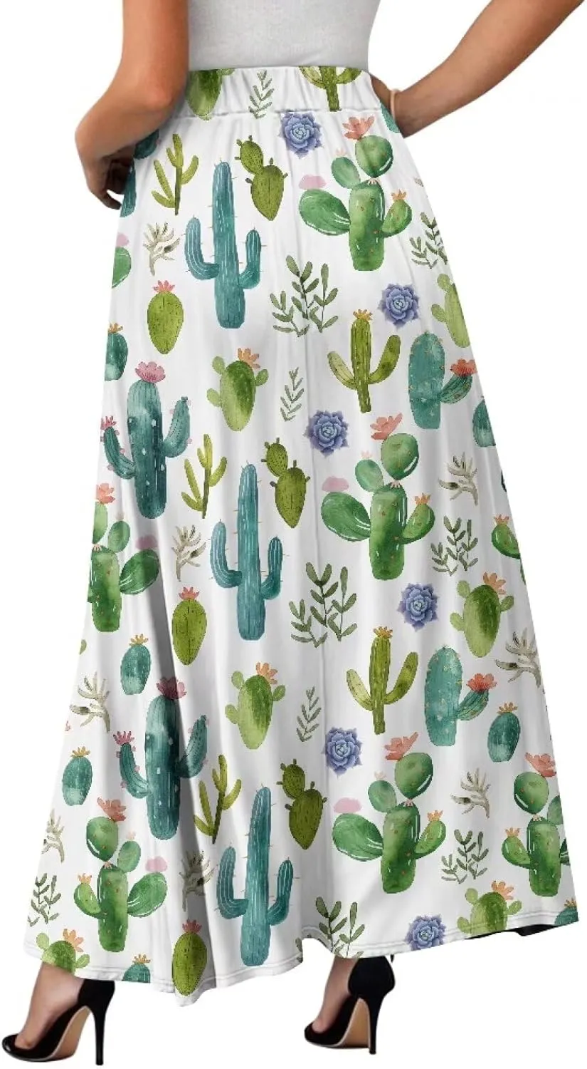 Maxi Long Skirts for Women Trendy Elastic High Waisted Flowy Skirt with Pockets Ladies Soft Midi Skirts for Office