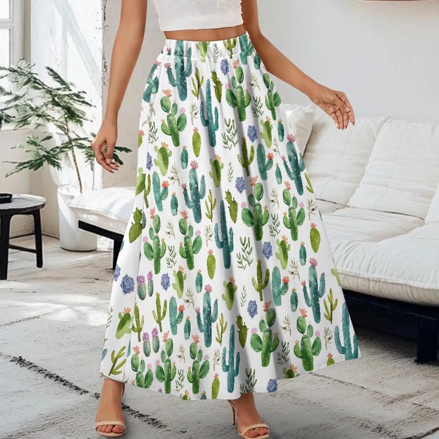 Maxi Long Skirts for Women Trendy Elastic High Waisted Flowy Skirt with Pockets Ladies Soft Midi Skirts for Office