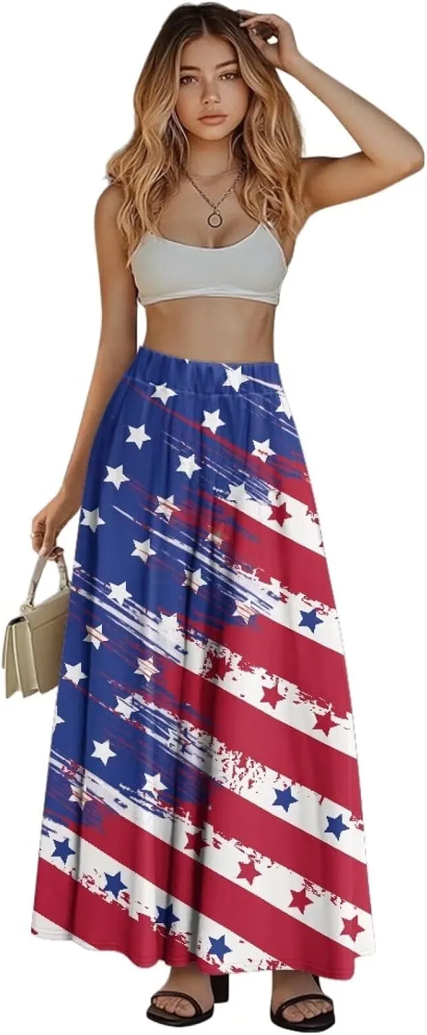 Maxi Long Skirts for Women Trendy Elastic High Waisted Flowy Skirt with Pockets Ladies Soft Midi Skirts for Office