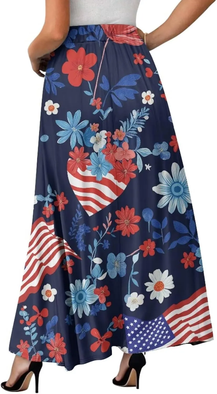 Maxi Long Skirts for Women Trendy Elastic High Waisted Flowy Skirt with Pockets Ladies Soft Midi Skirts for Office