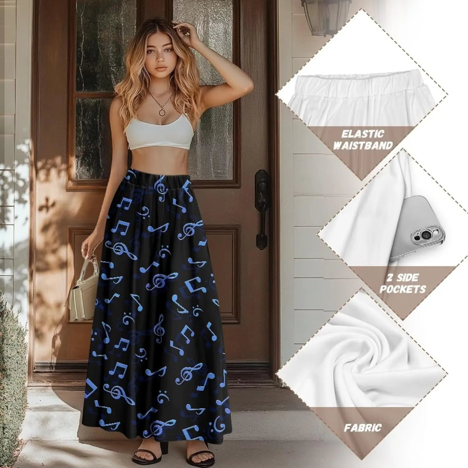 Maxi Long Skirts for Women Trendy Elastic High Waisted Flowy Skirt with Pockets Ladies Soft Midi Skirts for Office