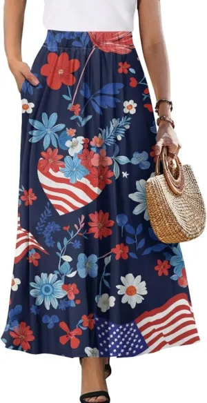 Maxi Long Skirts for Women Trendy Elastic High Waisted Flowy Skirt with Pockets Ladies Soft Midi Skirts for Office