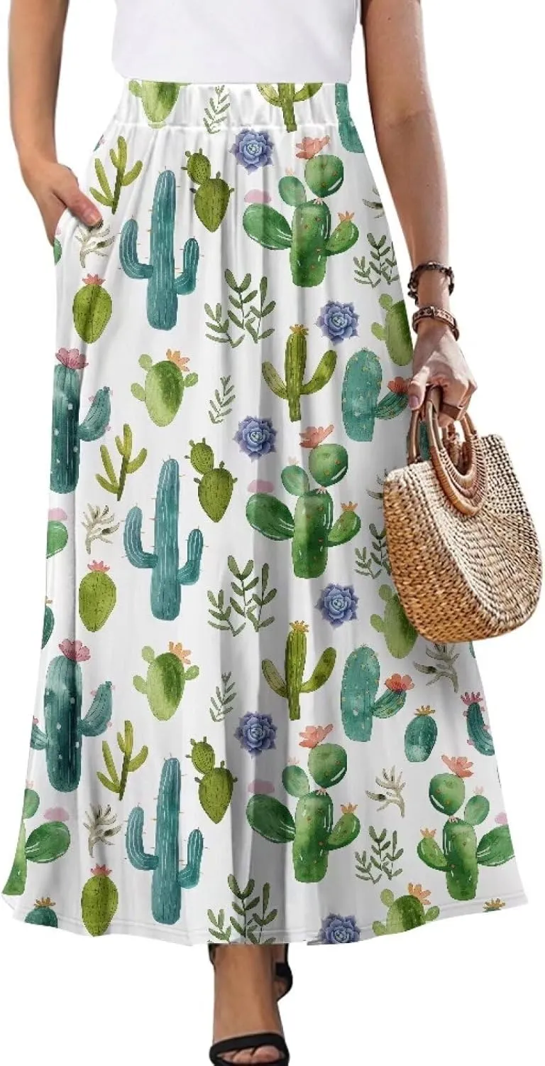 Maxi Long Skirts for Women Trendy Elastic High Waisted Flowy Skirt with Pockets Ladies Soft Midi Skirts for Office