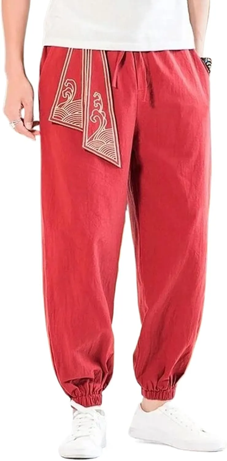 Men Chinese Style Embroidery Kung Fu Harem Pants Male Japanese Sports Casual Trousers