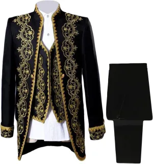 Men Court Embroidery Suits 3 Piece Casual Dress Suit Gold Prince Print Blazer Set Stylish Blazer & Vest & Pants