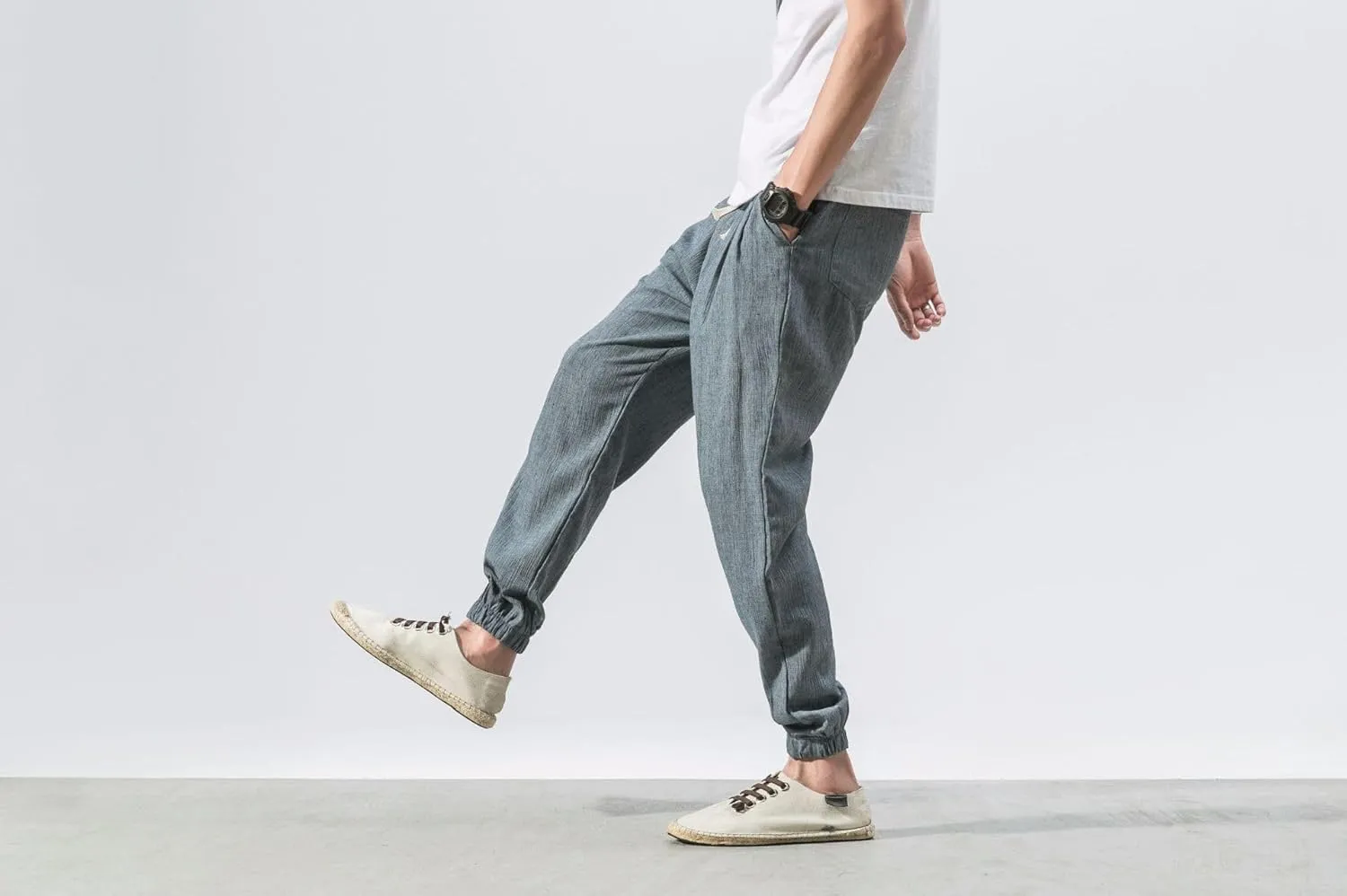 Men Linen Baggy Japanese Pants Fashion Streetwear Harem Pants with Pockets