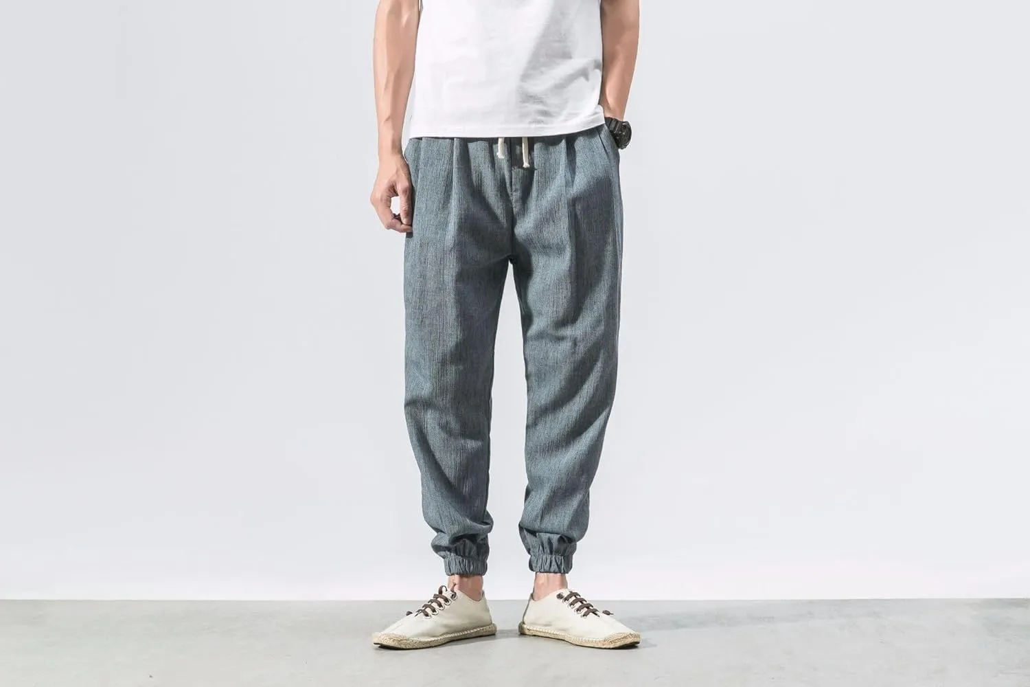 Men Linen Baggy Japanese Pants Fashion Streetwear Harem Pants with Pockets