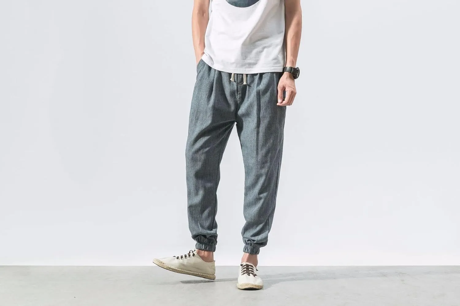 Men Linen Baggy Japanese Pants Fashion Streetwear Harem Pants with Pockets