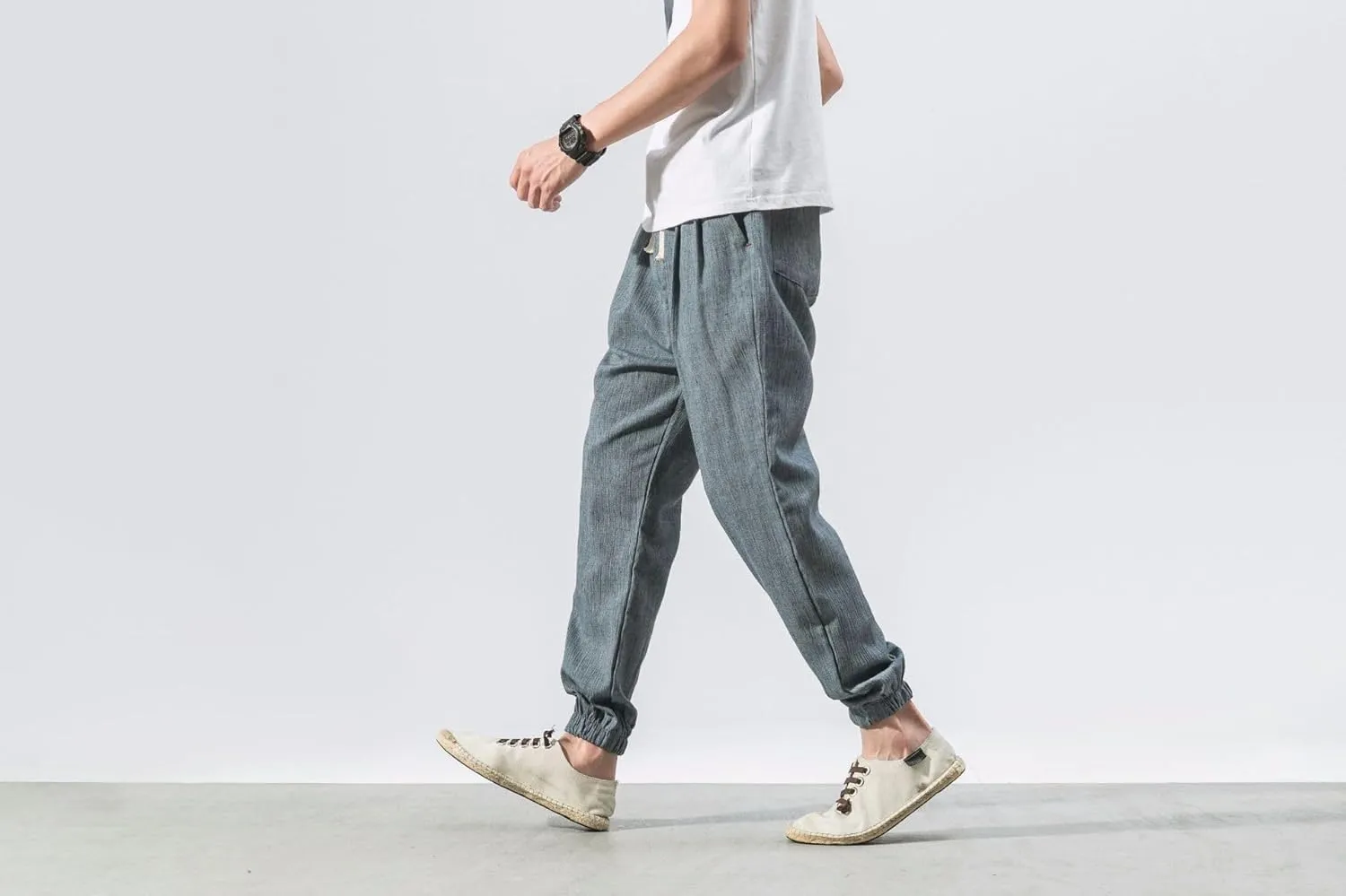Men Linen Baggy Japanese Pants Fashion Streetwear Harem Pants with Pockets