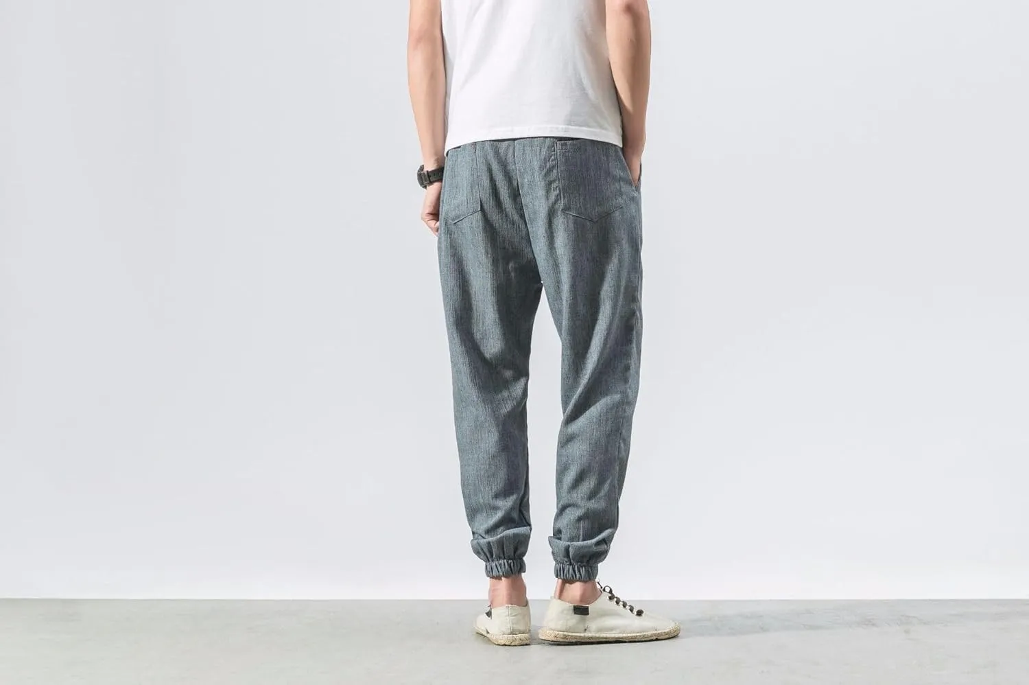 Men Linen Baggy Japanese Pants Fashion Streetwear Harem Pants with Pockets