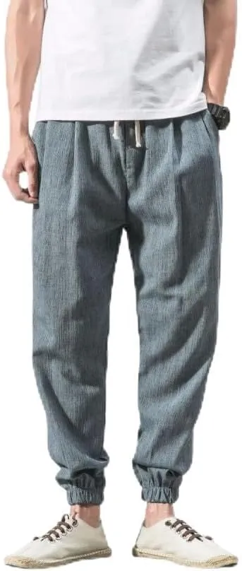 Men Linen Baggy Japanese Pants Fashion Streetwear Harem Pants with Pockets