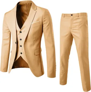 Men's 3 Piece Slim Fit Suit Set, One Button Solid Blazer Jacket Vest Pants Suit Sets for Business Wedding Party