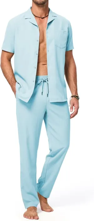 Men's Beach Outfit 2 Piece Casual Button Down Shirt Short Sleeve Loose Shirts and Pants Vacation Sets for Men