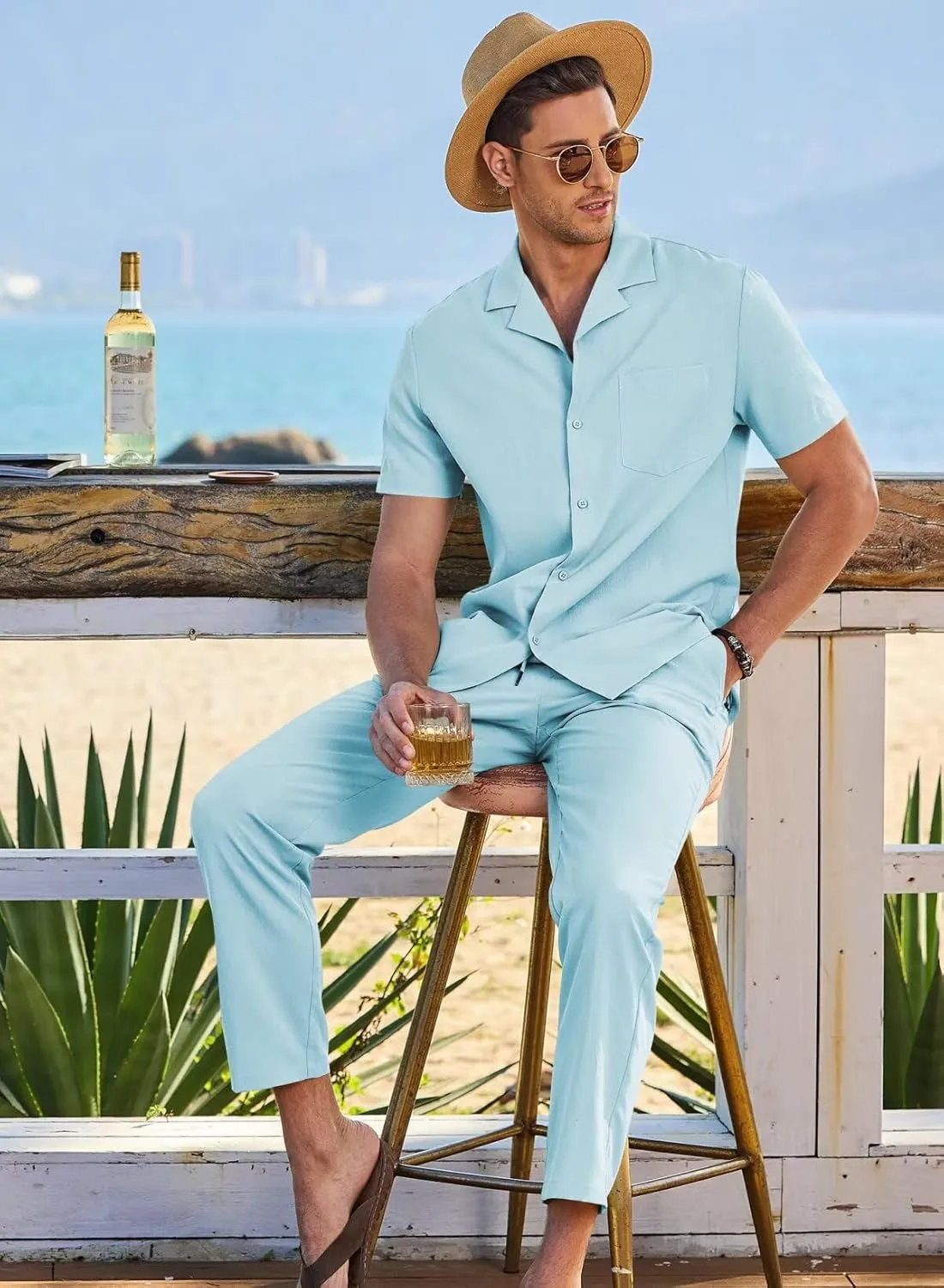 Men's Beach Outfit 2 Piece Casual Button Down Shirt Short Sleeve Loose Shirts and Pants Vacation Sets for Men