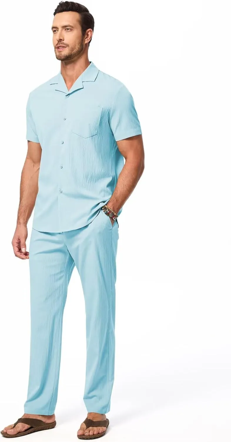 Men's Beach Outfit 2 Piece Casual Button Down Shirt Short Sleeve Loose Shirts and Pants Vacation Sets for Men