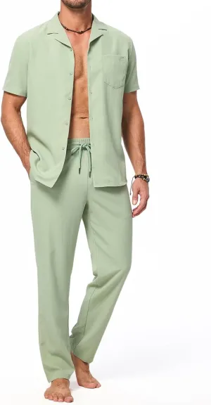 Men's Beach Outfit 2 Piece Casual Button Down Shirt Short Sleeve Loose Shirts and Pants Vacation Sets for Men