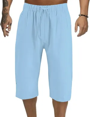 Mens Capri Baggy Harem Pants, Casual Linen Pants, Beach Summer Elastic Waist Drawstring Lightweight Linen Short Trousers