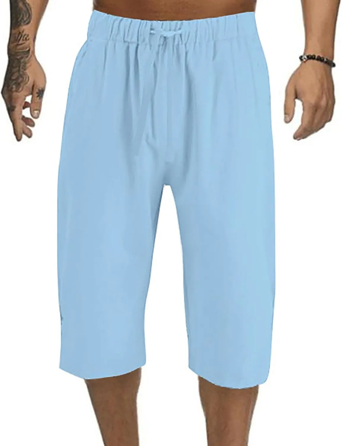 Mens Capri Baggy Harem Pants, Casual Linen Pants, Beach Summer Elastic Waist Drawstring Lightweight Linen Short Trousers