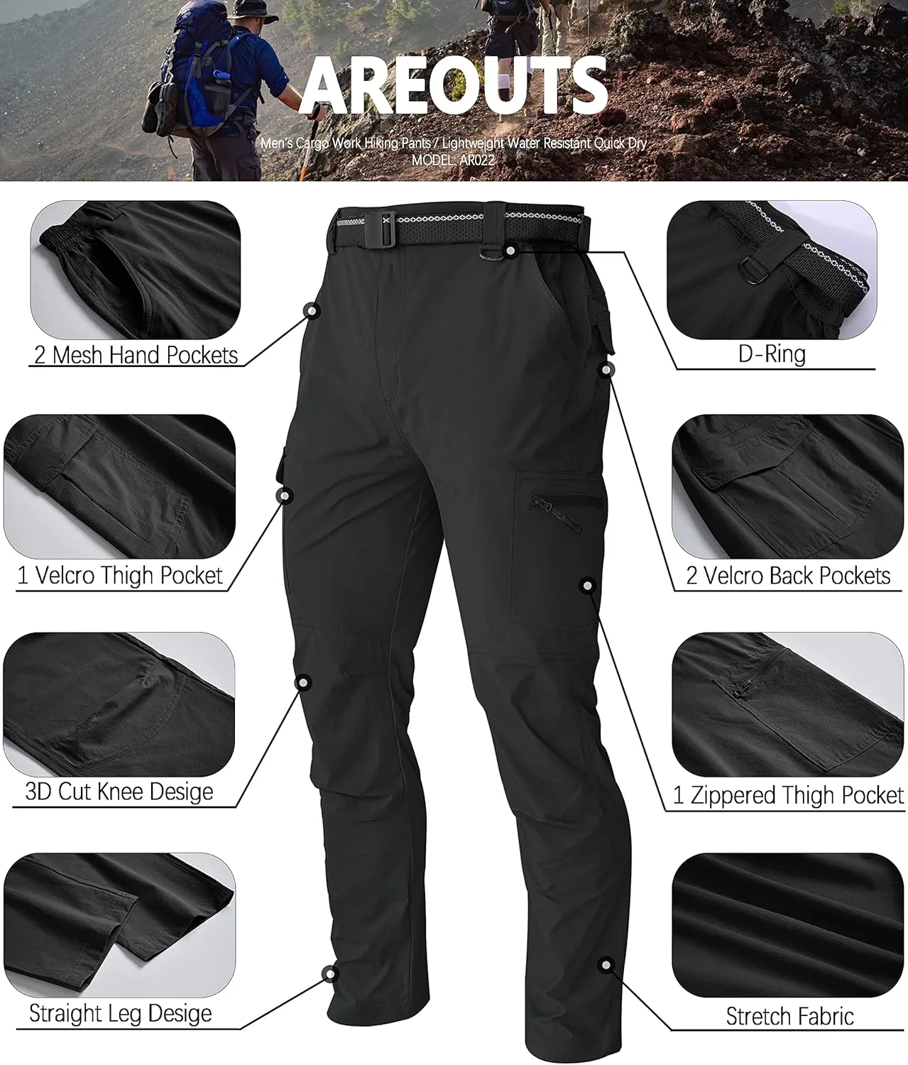 Men's Cargo Work Hiking Pants Lightweight Water Resistant Quick Dry Fishing Travel Camping Outdoor Breathable Multi Pockets