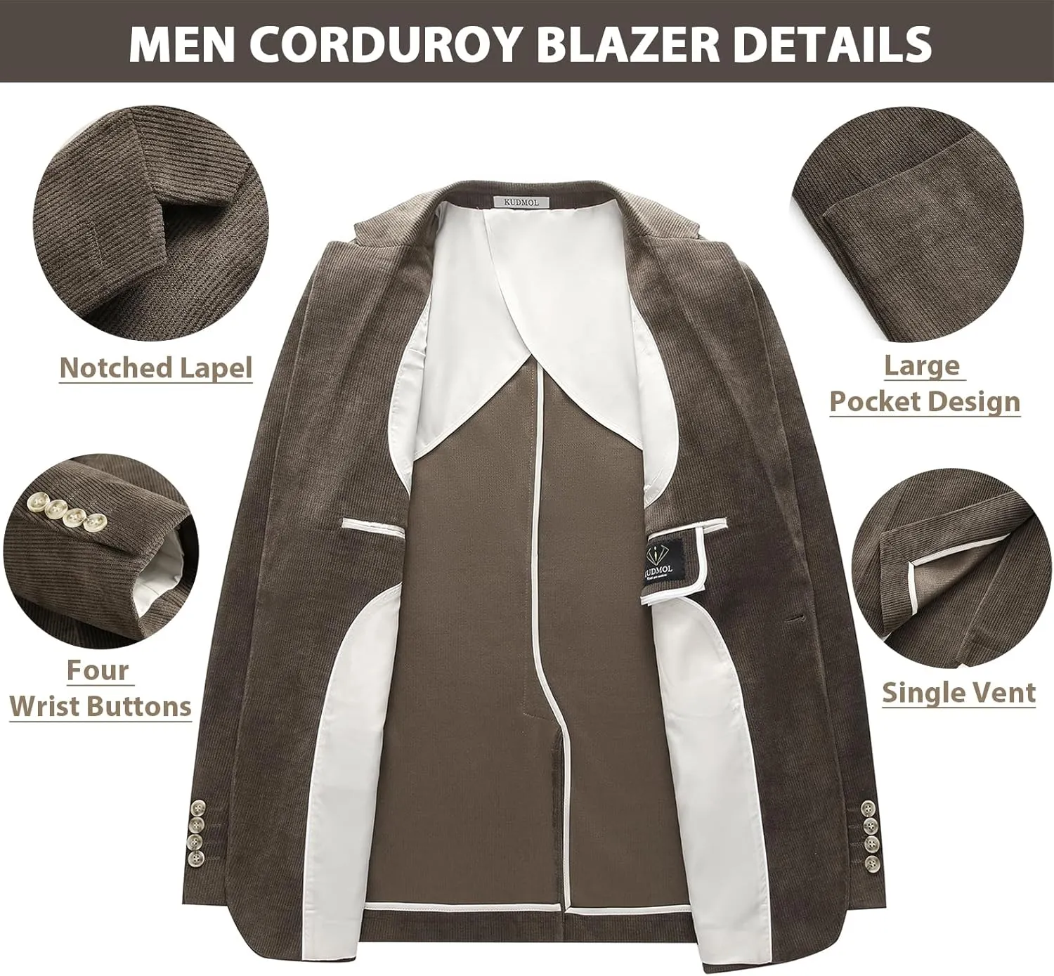 Men's Casual Corduroy Blazer Slim Fit One Button Jacket Fashion Sport Coat