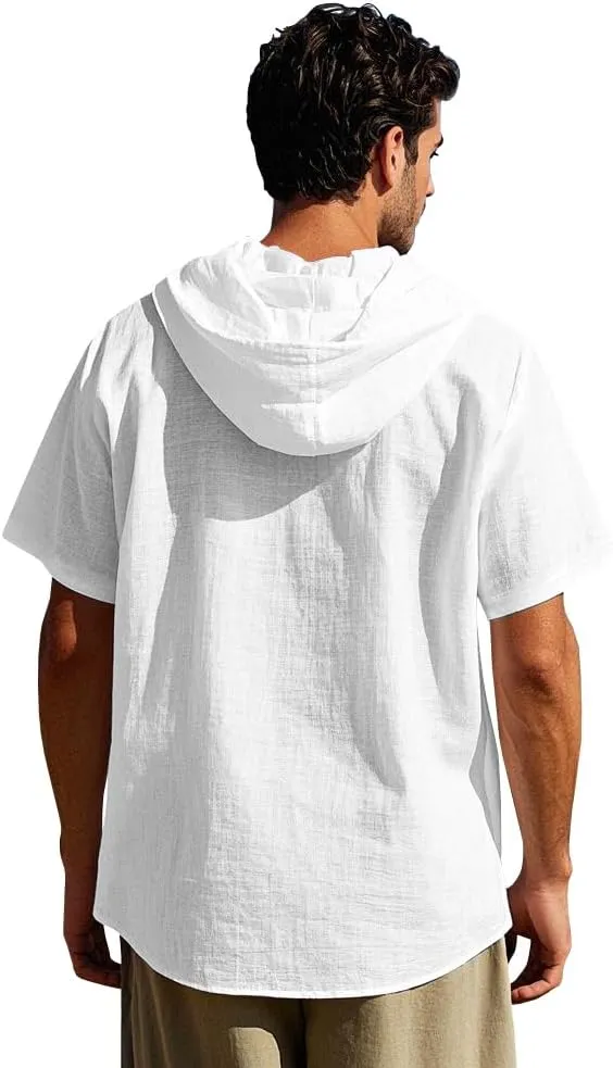 Men's Casual Linen Button - Down: Long Sleeve, Roll - Up, Hooded Tops for Summer Beach