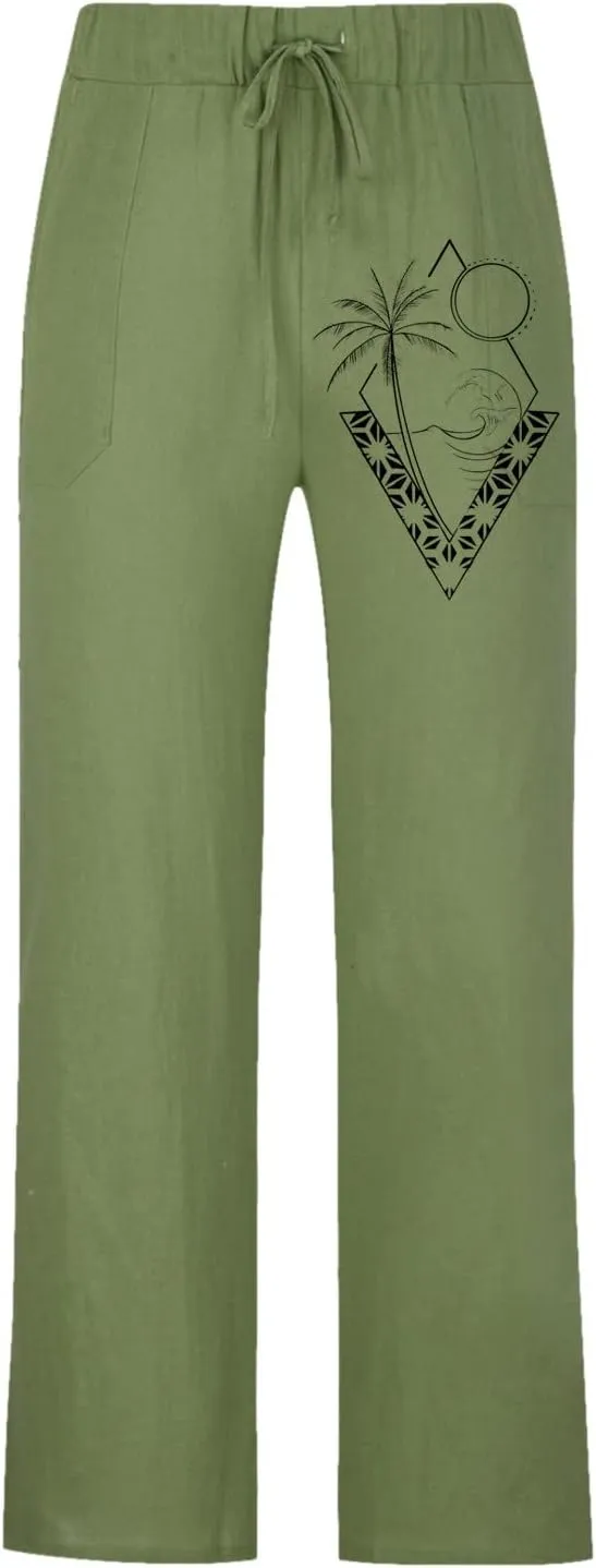 Men's Cotton Linen Jogging Trousers Loose Casual Beach Vacation Pants Quick Dry Lightweight Daily Wear with Pockets