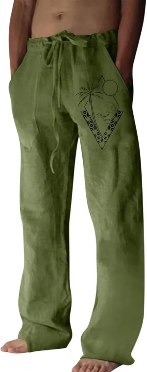 Men's Cotton Linen Jogging Trousers Loose Casual Beach Vacation Pants Quick Dry Lightweight Daily Wear with Pockets