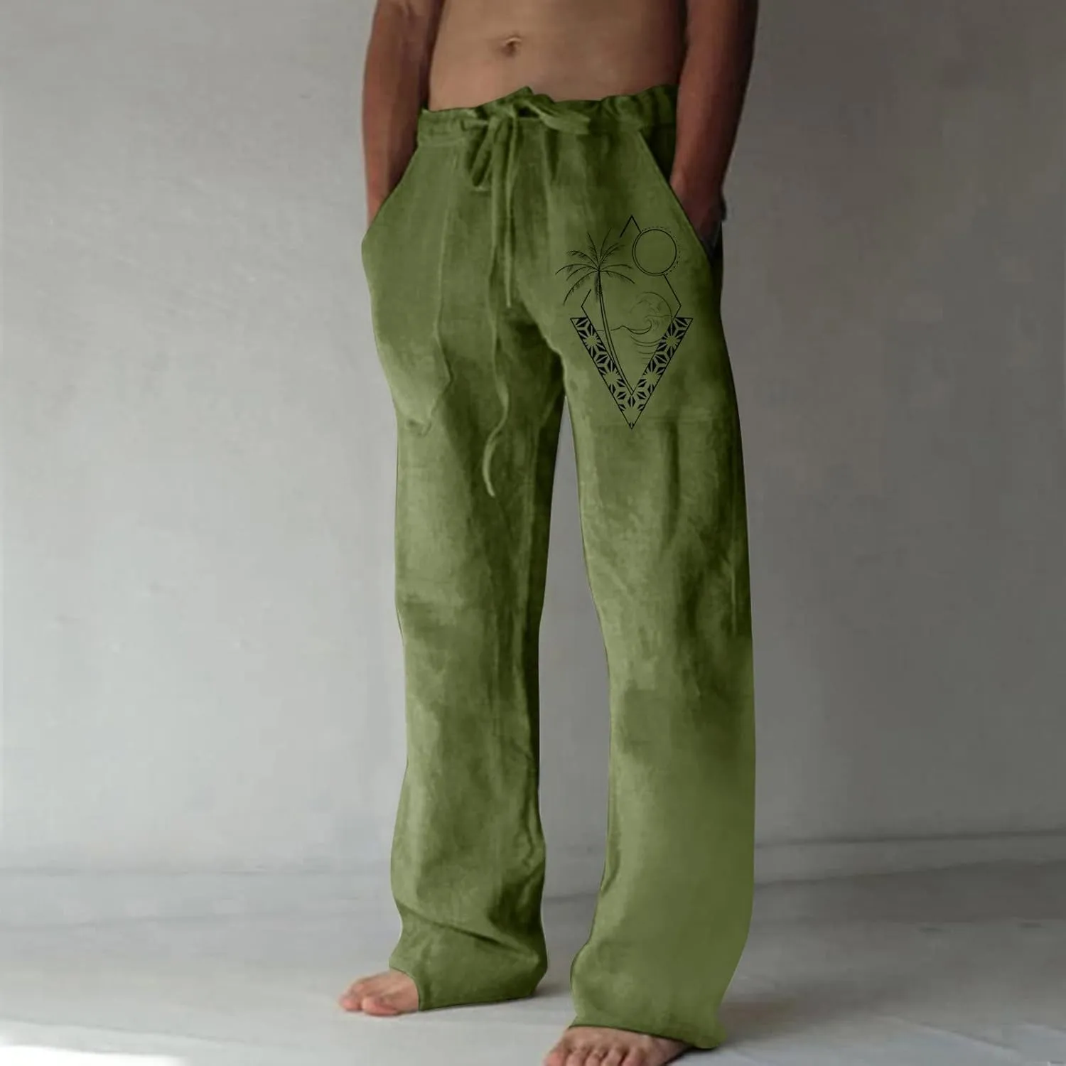 Men's Cotton Linen Jogging Trousers Loose Casual Beach Vacation Pants Quick Dry Lightweight Daily Wear with Pockets