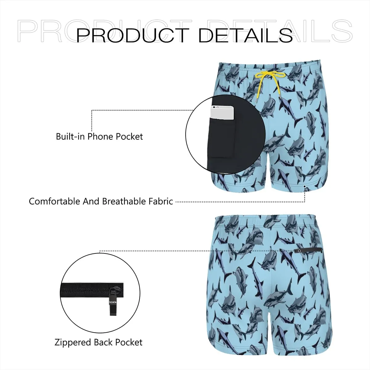 Men's Durable surf Shorts Shark Patterned Swim Trunks Side Pockets Easy Access Storage