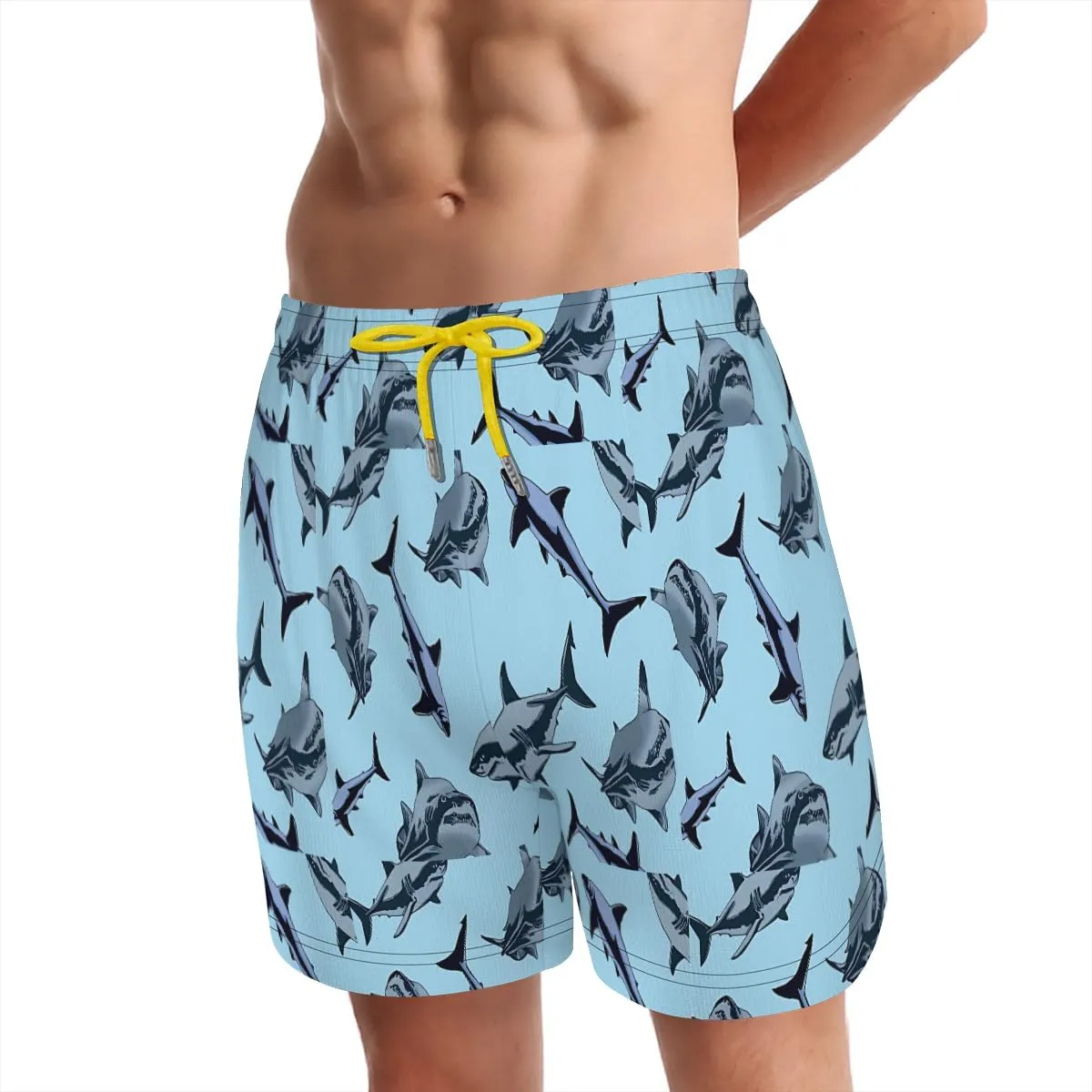 Men's Durable surf Shorts Shark Patterned Swim Trunks Side Pockets Easy Access Storage