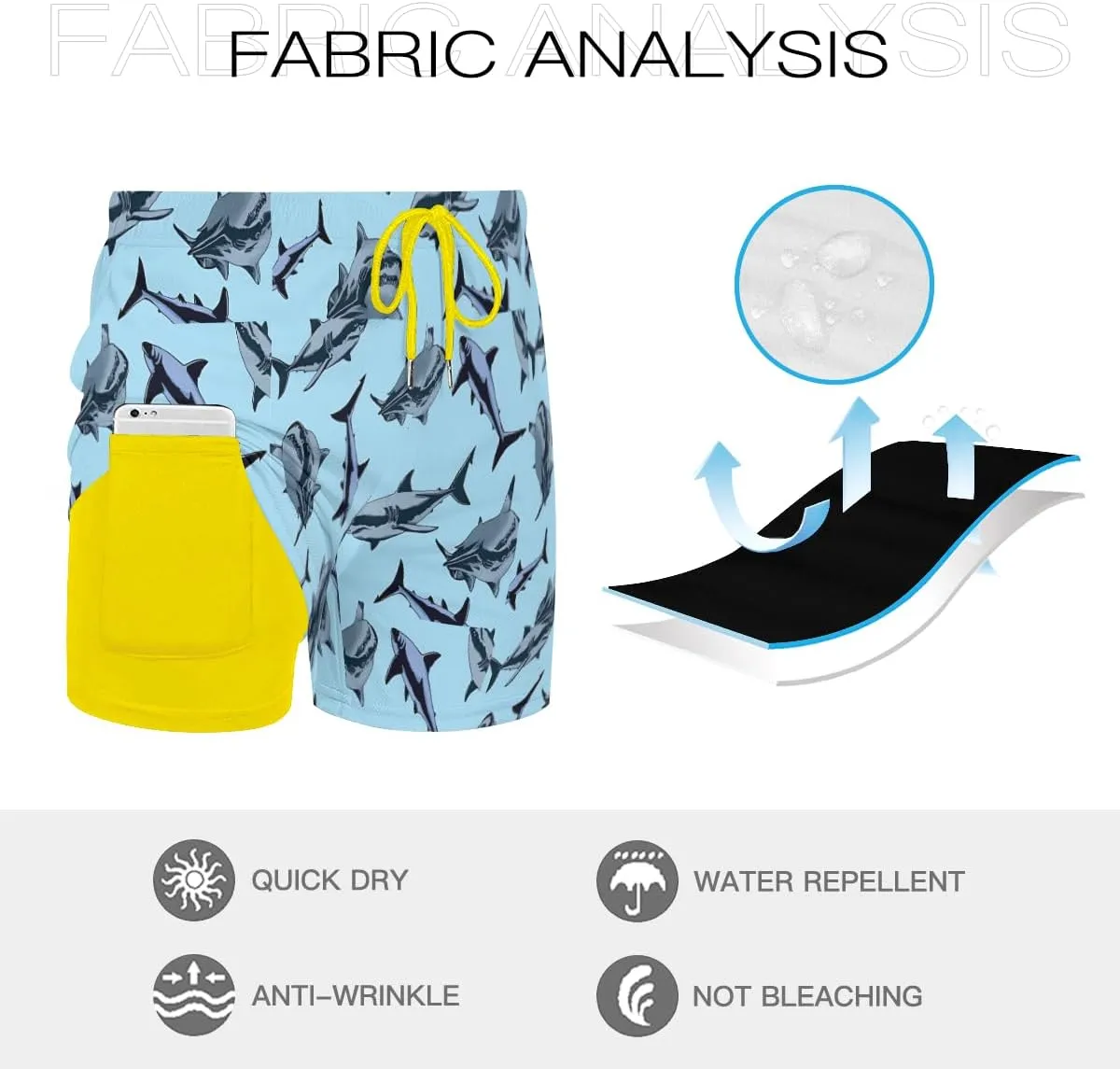 Men's Durable surf Shorts Shark Patterned Swim Trunks Side Pockets Easy Access Storage