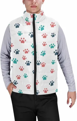 Mens Fleece Vest Dog Paw Hearts Pattern Men Outdoor Casual Stand Collar Padded Vest Coat Thick Sleeveless Jacket