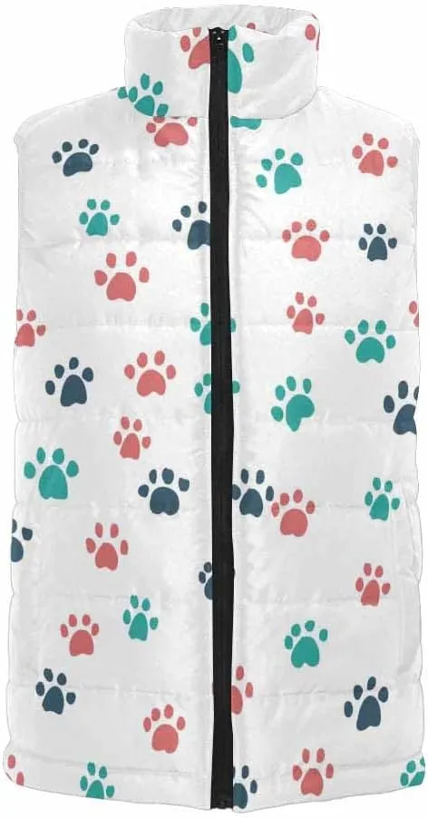 Mens Fleece Vest Dog Paw Hearts Pattern Men Outdoor Casual Stand Collar Padded Vest Coat Thick Sleeveless Jacket