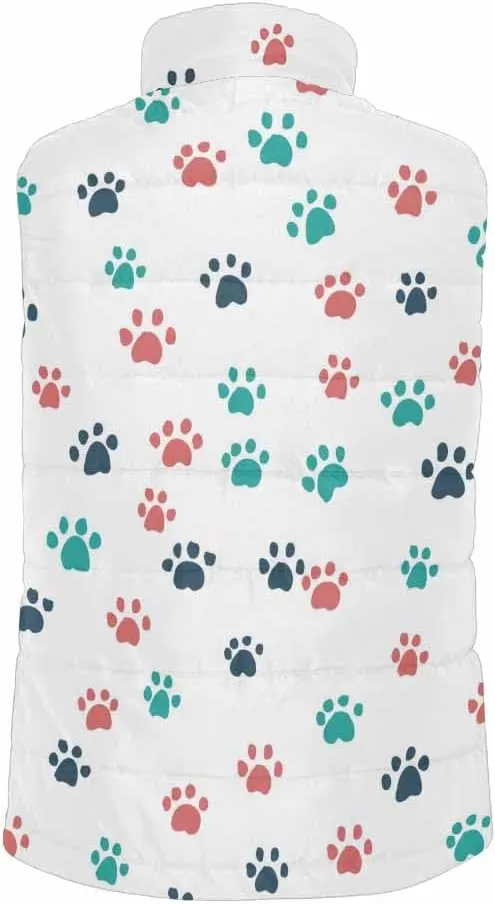 Mens Fleece Vest Dog Paw Hearts Pattern Men Outdoor Casual Stand Collar Padded Vest Coat Thick Sleeveless Jacket