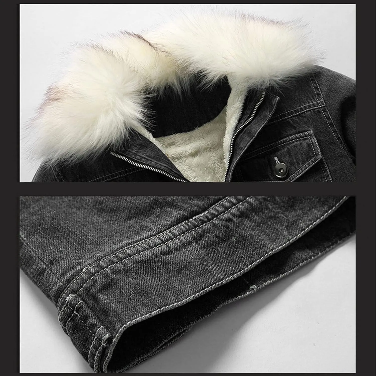 Men's Fur Collar Denim Jacket Male Sherpa Lined Distressed Denim Trucker Jacket Men Winter Warm Faux Fur Jean Coat